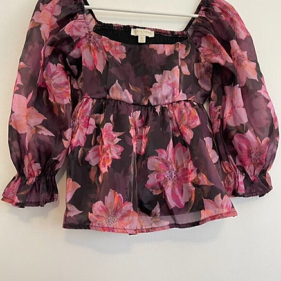THIRTY THIRTY LA Plum Purple Pink Floral Shiny Square Neck 3/4 Sleeve Blouse S - Picture 5 of 14